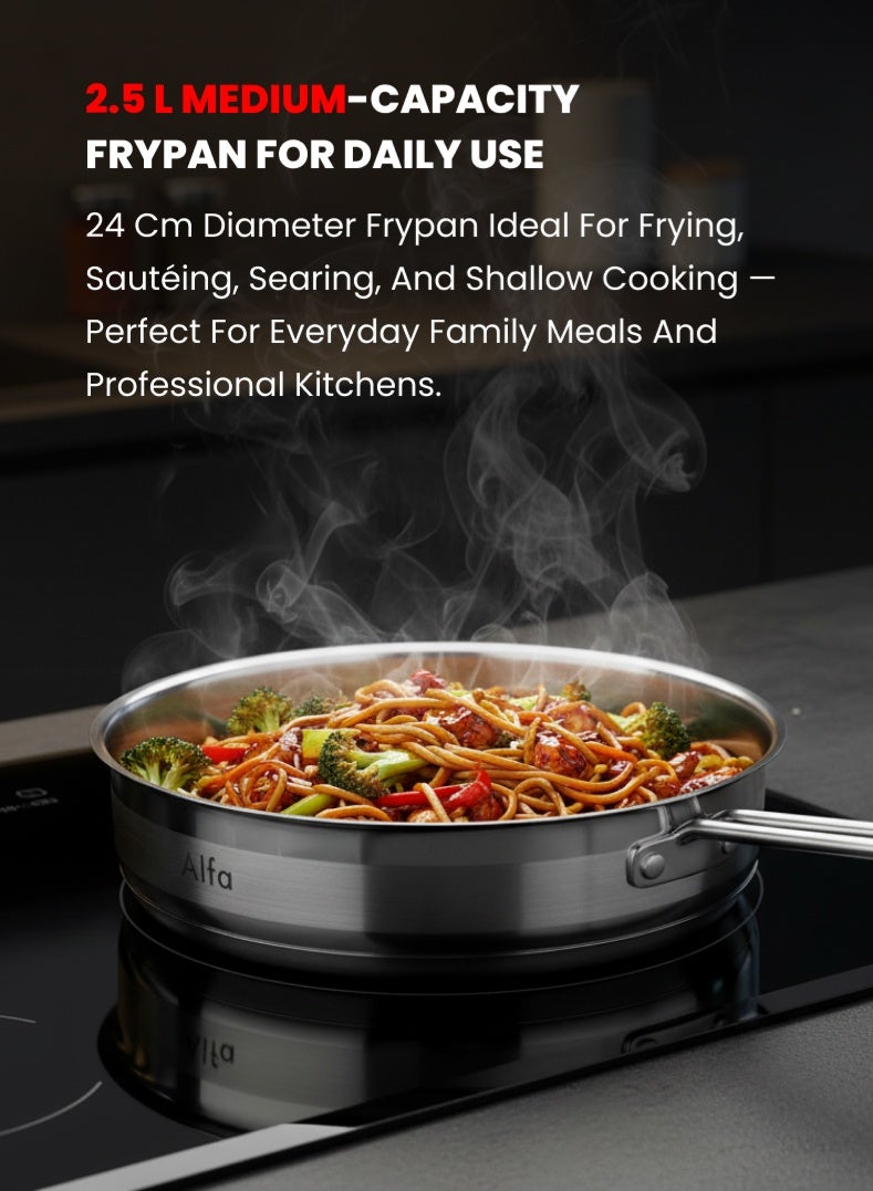 ALFA Stainless Steel Frypan 24 cm | 2.5 L Capacity | 18/10 Premium Steel | Induction & Gas Compatible | AL4224 – Silver - Image 3