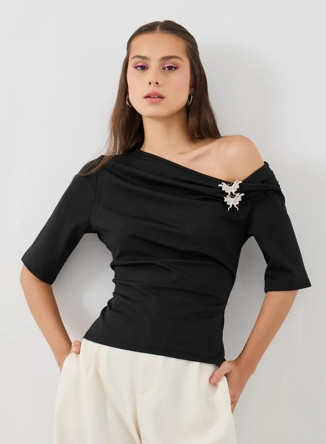 Take Two Solid Asymmetric Neckline Top with Bow Detail