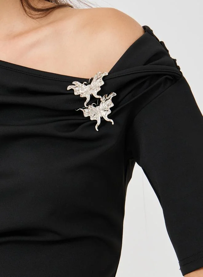 Take Two Solid Asymmetric Neckline Top with Bow Detail