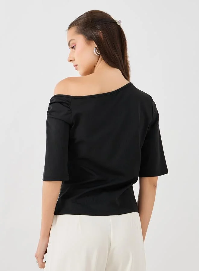 Take Two Solid Asymmetric Neckline Top with Bow Detail