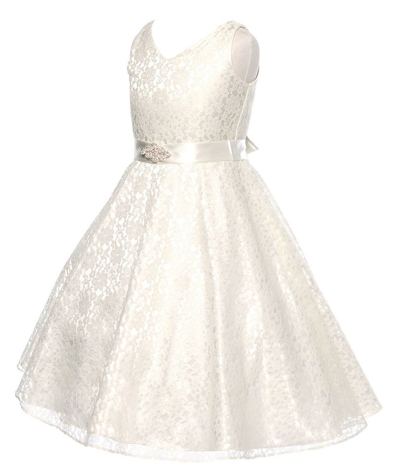 DressForLess Lovely Lace V-Neck Flower Girl Dress, Ivory, 6 - Image 2