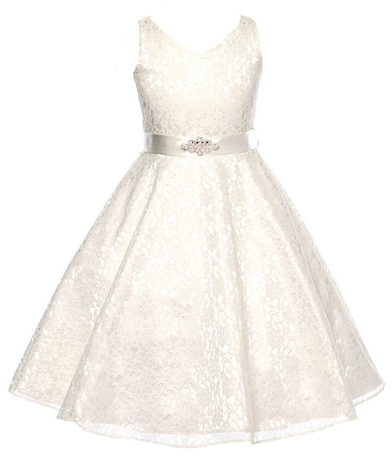 DressForLess Lovely Lace V-Neck Flower Girl Dress, Ivory, 6 - Image 1