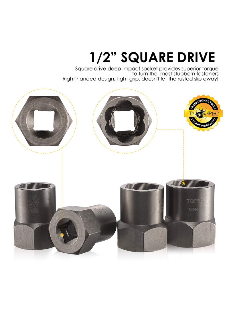 Topec Topec 5-Piece Heavy Duty Nut Bolt Remover set, 1/2” Drive Impact Extractor Set, Perfect Tool Kit for Removing Stripped, Damaged, Rounded off and Rusted Bolts & Nuts, and Shorter Profile Lug Nuts  - Image 3