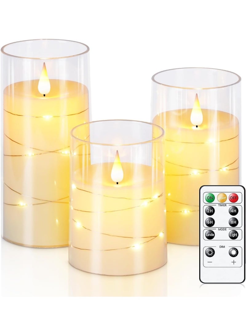 ShineZone Flickering Flameless Candles with String Lights, Battery Operated Candles, Embedded String Lights LED Candles, Unbreakable Plexiglass Candle with Remote, Set of 3, Ivory White - Image 1
