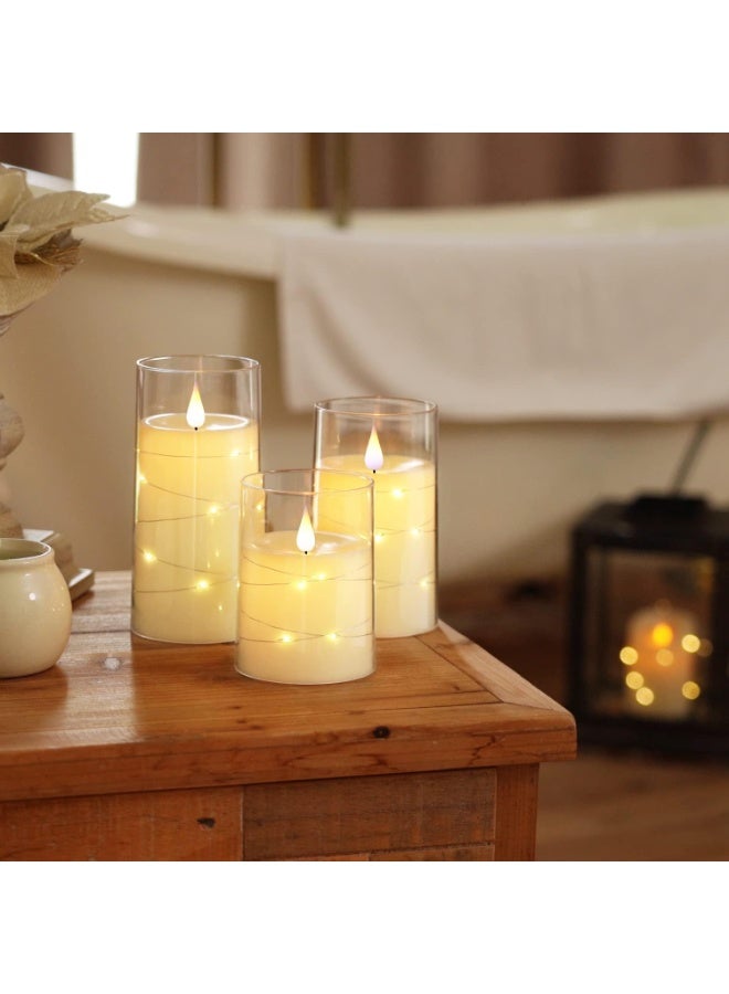 ShineZone Flickering Flameless Candles with String Lights, Battery Operated Candles, Embedded String Lights LED Candles, Unbreakable Plexiglass Candle with Remote, Set of 3, Ivory White - Image 2