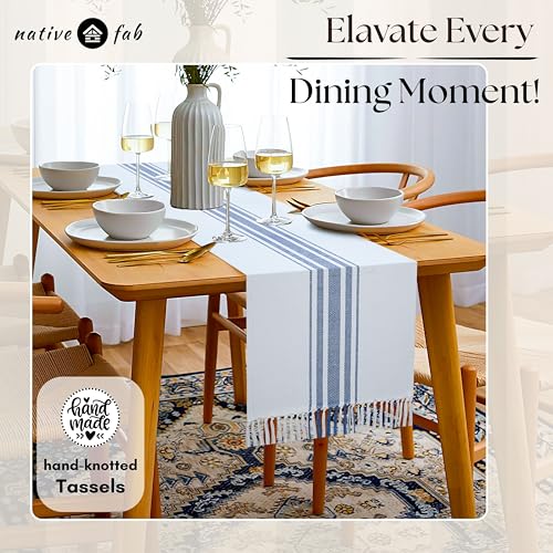 Native Fab Blue Stripe Table Runner - 72 Inches Long Boho Table Covers with Tassels - 100% Cotton, Tight Weave, Non Slip Tablerunner for Dining, Kitchen, Dresser, Wedding, 14"x72" - Blue and White - Image 3