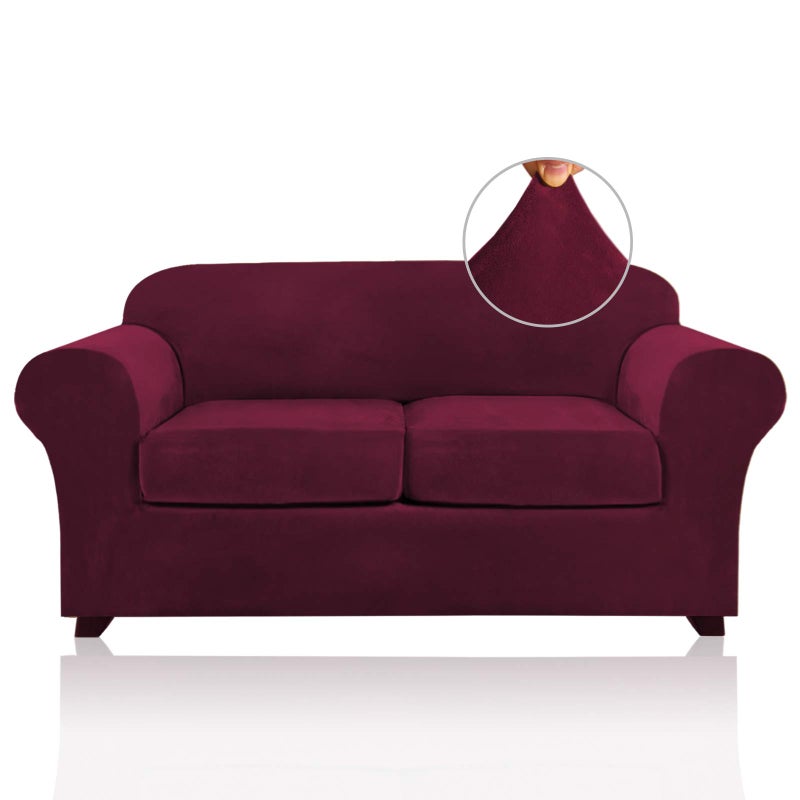 PrinceDeco Velvet Couch Cover Loveseat Covers for 2 Cushion Couch 3 Piece Sofa Covers for Dogs Washable Loveseat Covers Width Up to 72 Inch No Slip Stretch Sofa SlipcoverMedium Burgundy