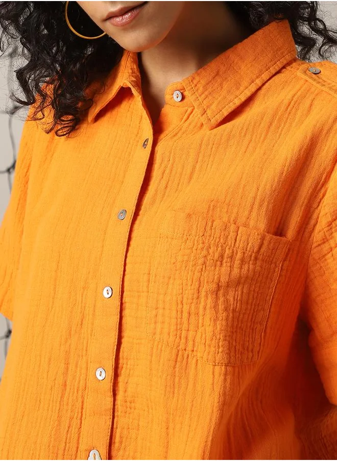 هوبرهولمي Women Co-ord in Orange featuring Oversized fit with a solid pattern, spread collar collar, spread collar neckline, half sleeves, regular length, secured with button closure, crafted from cotton – a wardrobe staple for modern fashion enthusiasts.