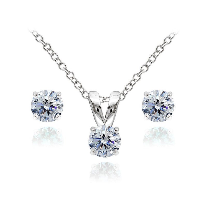 B. BRILLIANT Earrings and Necklace Set for Women Sterling Silver Solitaire Clear Crystal Jewelry Set for Bridesmaids - Image 1