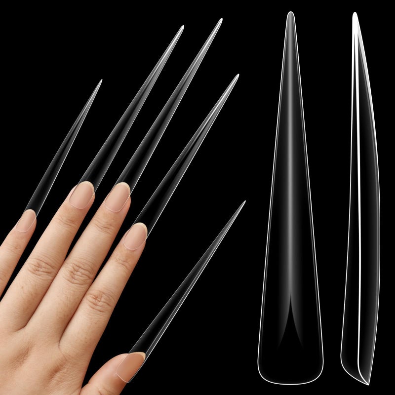NOVO OVO Halloween Extra Super Extreme Long Stiletto Nail Tips, 5XL XXXXXL Clear Full Cover French Tips False Fake Nail Extension, Sharp Fishbone Arrow Head Nails for Professional 120 pcs 12 Size - Image 1