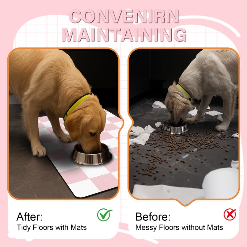 BLESWIN Cat Food Mat - 12"x 20" Cat Dog Mats for Food and Water Bowl, Checkered Pet Placemat Feeding Mat, Non-Slip Under Pet Bowls Mats for Messy Drinkers, Pink & White - Image 3