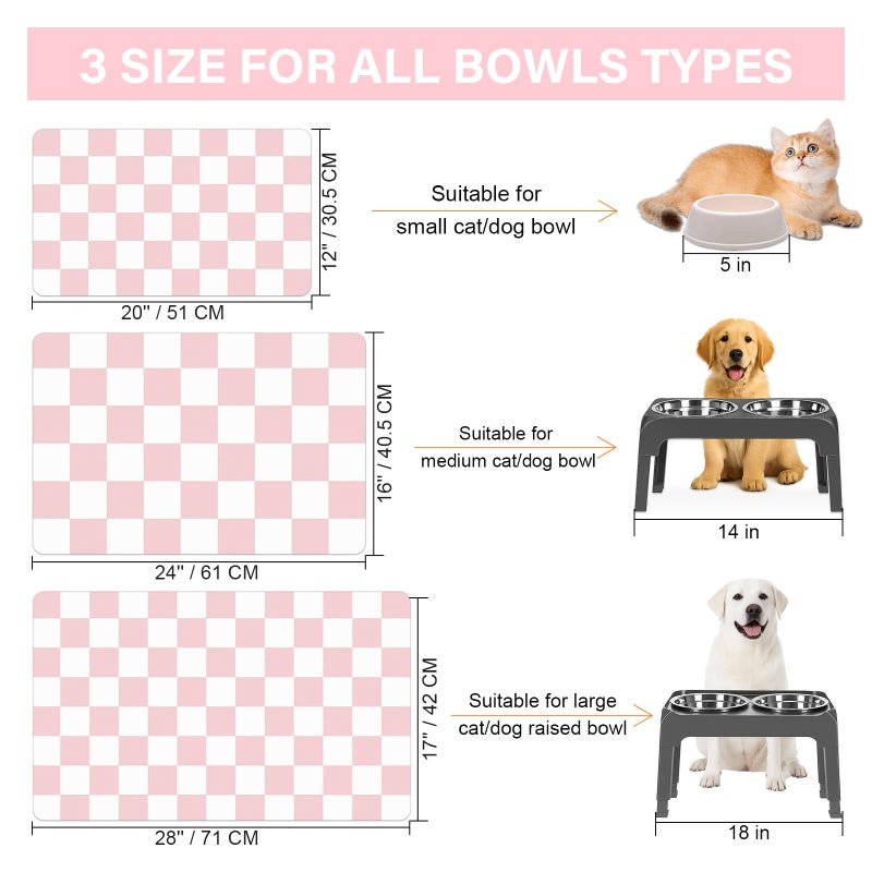 BLESWIN Cat Food Mat - 12"x 20" Cat Dog Mats for Food and Water Bowl, Checkered Pet Placemat Feeding Mat, Non-Slip Under Pet Bowls Mats for Messy Drinkers, Pink & White - Image 4