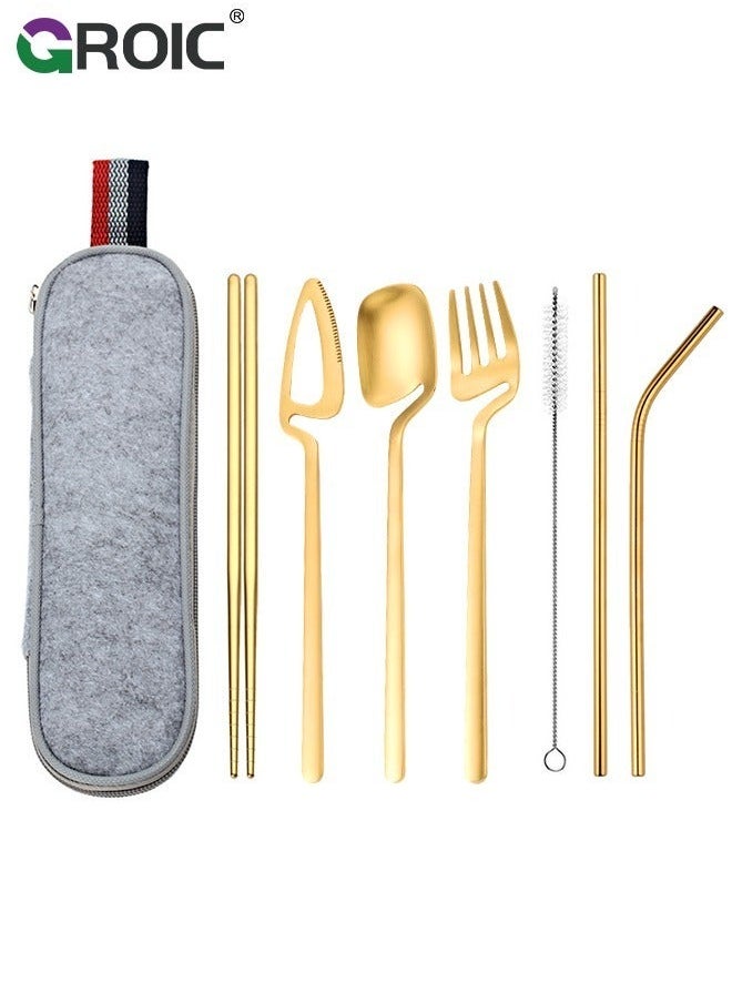 GROIC 8PCS Stainless Steel Flatware Set Portable Reusable Cutlery Travel Utensils Including Chopsticks Knife Fork Spoon Straws Cleaning Brush Dishwasher Safe (Golden)  - Image 1