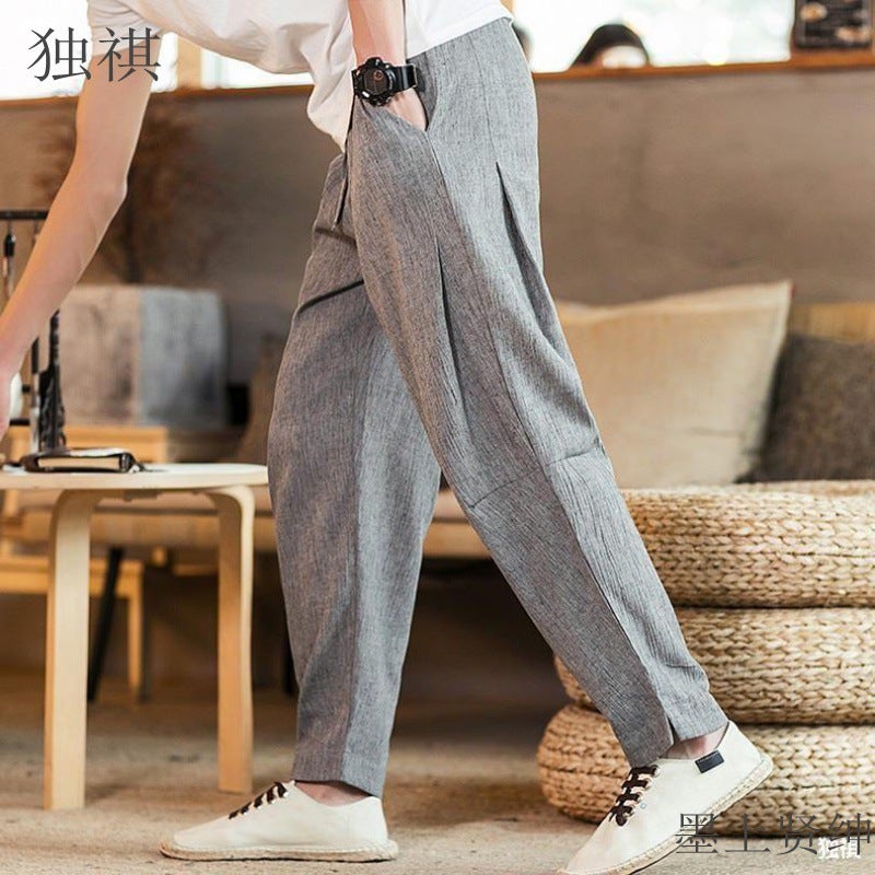 Linen Pants Men'S Summer Thin Chinese Style Men'S Cotton And Linen Pants Straight Barrel Loose Ice Silk Air Conditioning Casual Ankle-Length Pants - Image 1