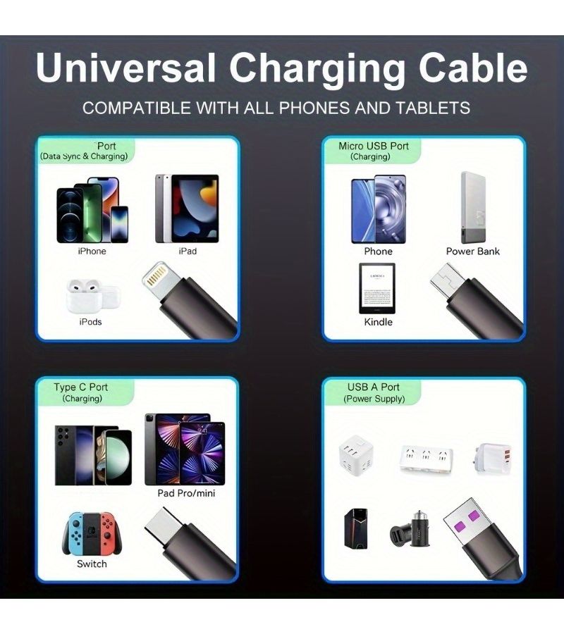 RGB LED Light Up 66W Super Fast 3 In 1 Braided Charger Cable USB To Type C Lightning Micro For iPhone Samsung LG Android PS5 Home Office Colorful - Image 5