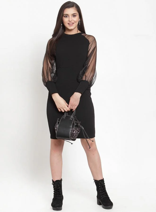 كاجوالي Kassually Solid Mesh Balloon Sleeve Sheath Mini Dress