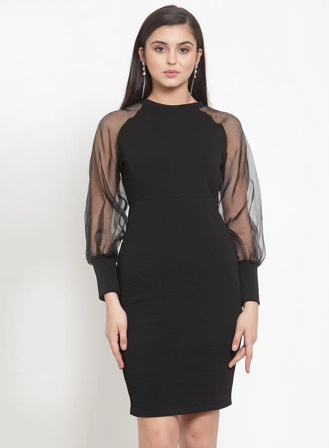 كاجوالي Kassually Solid Mesh Balloon Sleeve Sheath Mini Dress