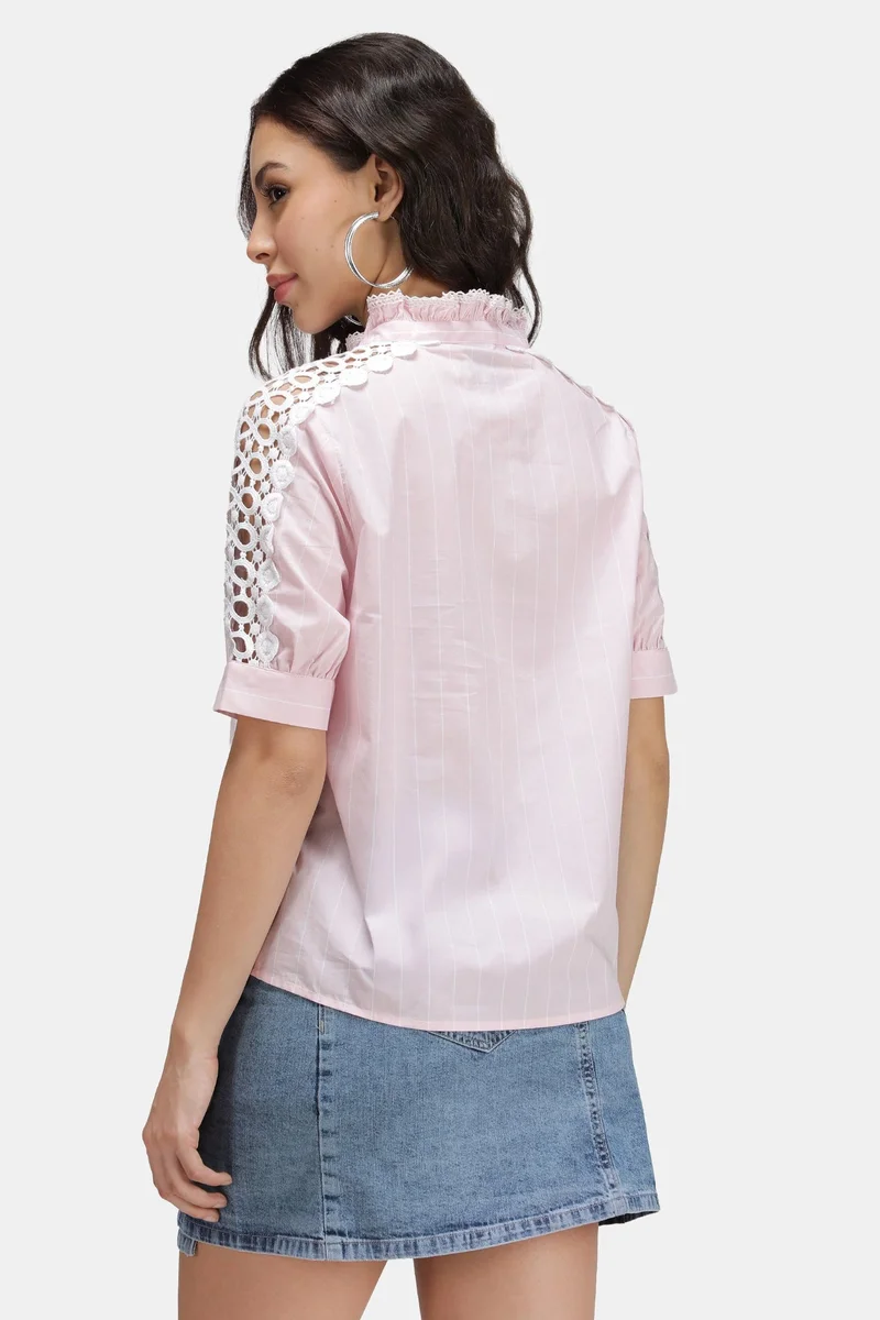 Virgio  Stripes Cotton Stripe Lace Insert Mandarin Shirt for Women for Women | Best Price UAE