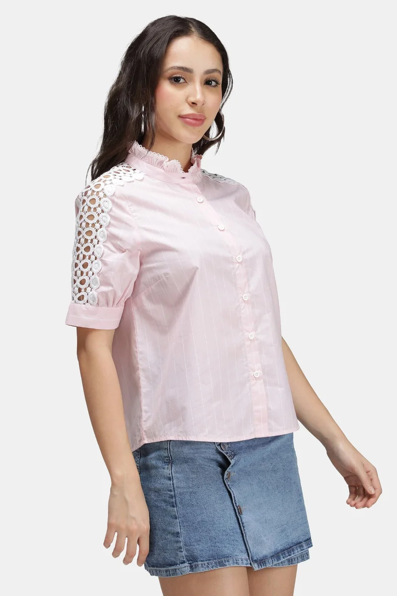 Virgio  Stripes Cotton Stripe Lace Insert Mandarin Shirt for Women for Women | Best Price UAE