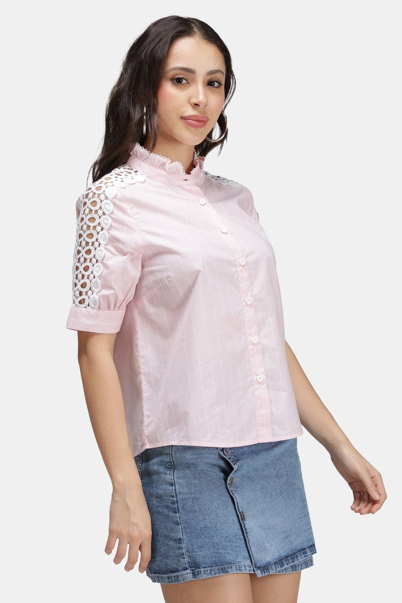 Virgio Stripes Cotton Stripe Lace Insert Mandarin Shirt for Women - Image 3