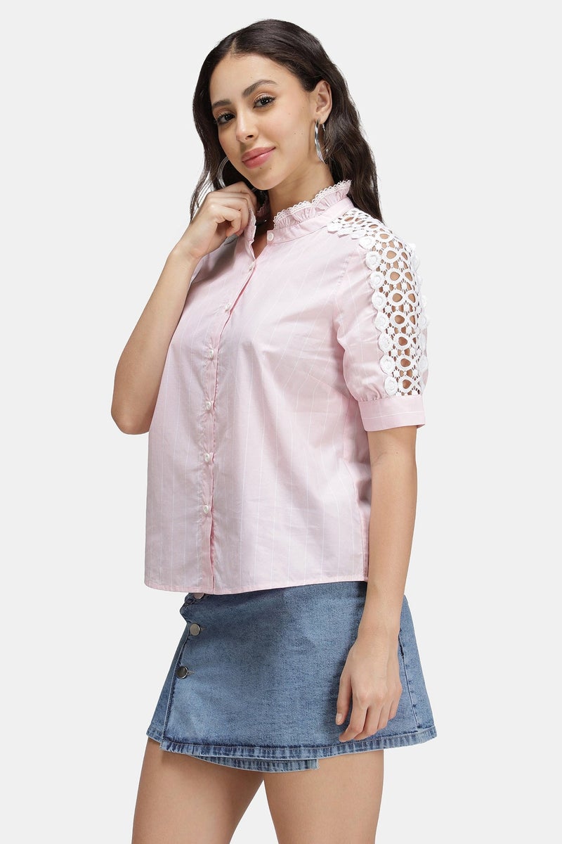 Virgio Stripes Cotton Stripe Lace Insert Mandarin Shirt for Women - Image 2