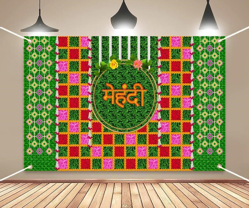 DARSHANAM WORLD Wedding Decorative Cloth for Haldi & Mehndi Ceremony, Photoshoot, Haldi Background Enhancer for Mehndi Ceremony (8x5 ft, 3D Printed Backdrop with Floral & Logo Design) (Green & RED) - Image 1