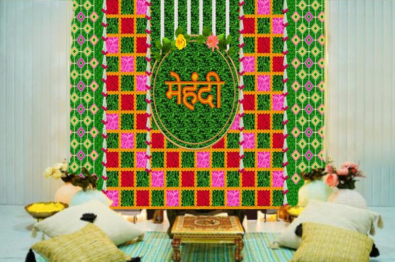 DARSHANAM WORLD Wedding Decorative Cloth for Haldi & Mehndi Ceremony, Photoshoot, Haldi Background Enhancer for Mehndi Ceremony (8x5 ft, 3D Printed Backdrop with Floral & Logo Design) (Green & RED) - Image 3