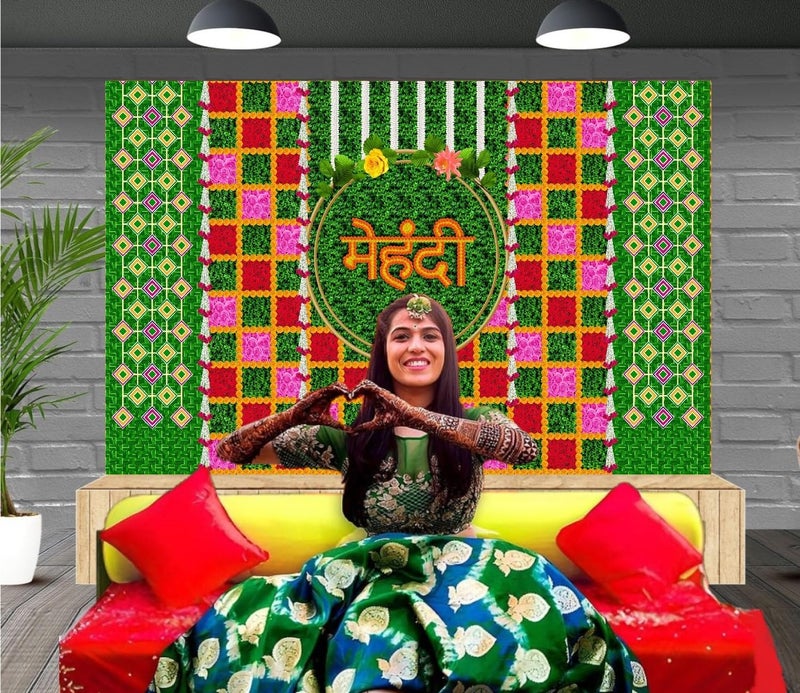DARSHANAM WORLD Wedding Decorative Cloth for Haldi & Mehndi Ceremony, Photoshoot, Haldi Background Enhancer for Mehndi Ceremony (8x5 ft, 3D Printed Backdrop with Floral & Logo Design) (Green & RED) - Image 2