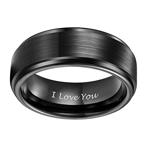 TRUMIUM خواتم زفاف من كربيد التنجستن TRUMIUM مقاس 8 مم للرجال والنساء باللون الأسود مع نقش أحبك وتصميم مريح مقاس 10.5 - Image 2