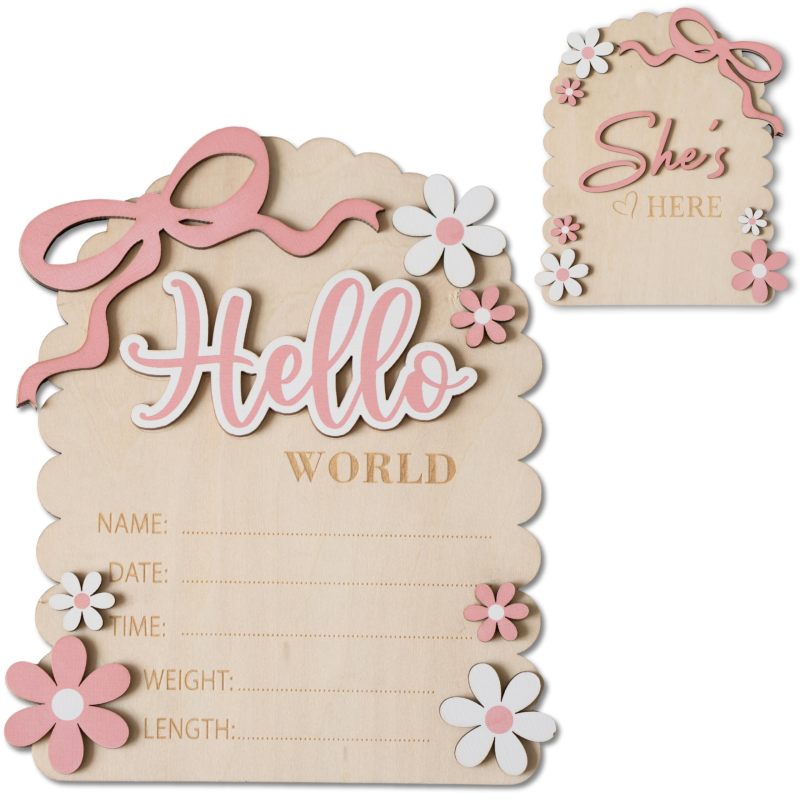 Baby Announcement Sign 17.5cm Double-Sided Hello World She's Here Wooden Plaque - Customizable Newborn Photography Prop for Baby Girl Hospital Keepsake - Image 1