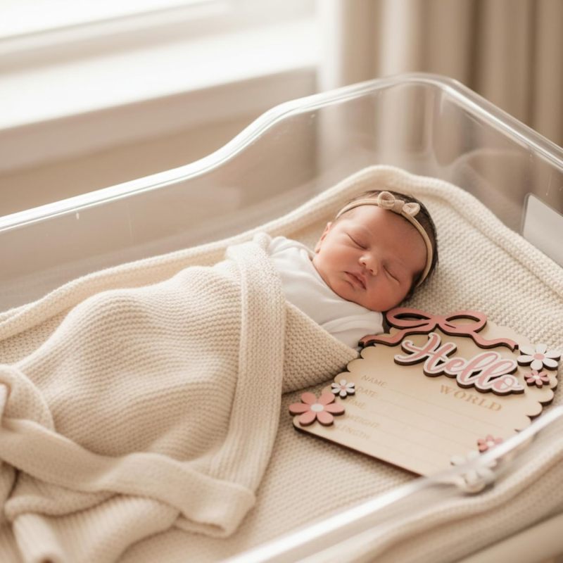 Baby Announcement Sign 17.5cm Double-Sided Hello World She's Here Wooden Plaque - Customizable Newborn Photography Prop for Baby Girl Hospital Keepsake - Image 5
