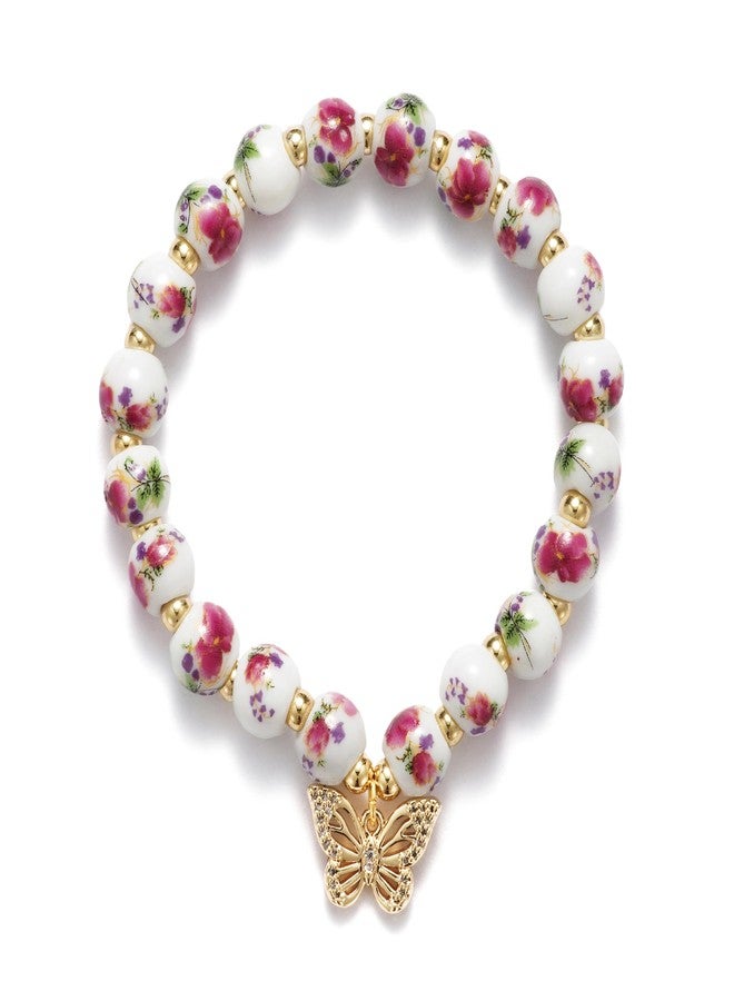Agromusk Beads Bow Charm Bracelet for Women Flower Vintage Bracelet Handmade Stretch Gold Beaded Dainty Romantic Jewelry Gift, Medium, Ceramic, Cubic Zirconia - Image 1