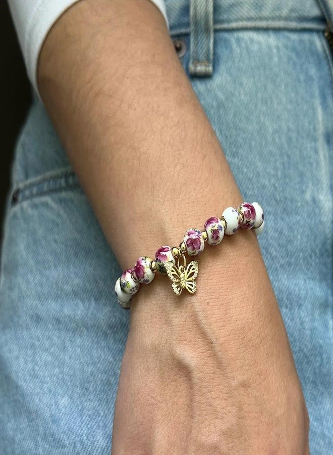 Agromusk Beads Bow Charm Bracelet for Women Flower Vintage Bracelet Handmade Stretch Gold Beaded Dainty Romantic Jewelry Gift, Medium, Ceramic, Cubic Zirconia - Image 2