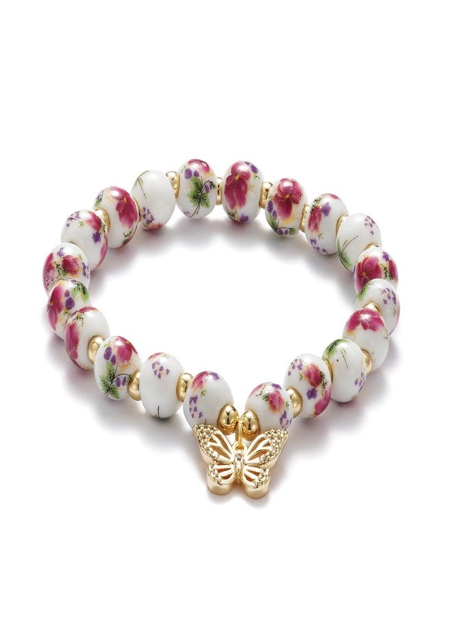 Agromusk Beads Bow Charm Bracelet for Women Flower Vintage Bracelet Handmade Stretch Gold Beaded Dainty Romantic Jewelry Gift, Medium, Ceramic, Cubic Zirconia - Image 4