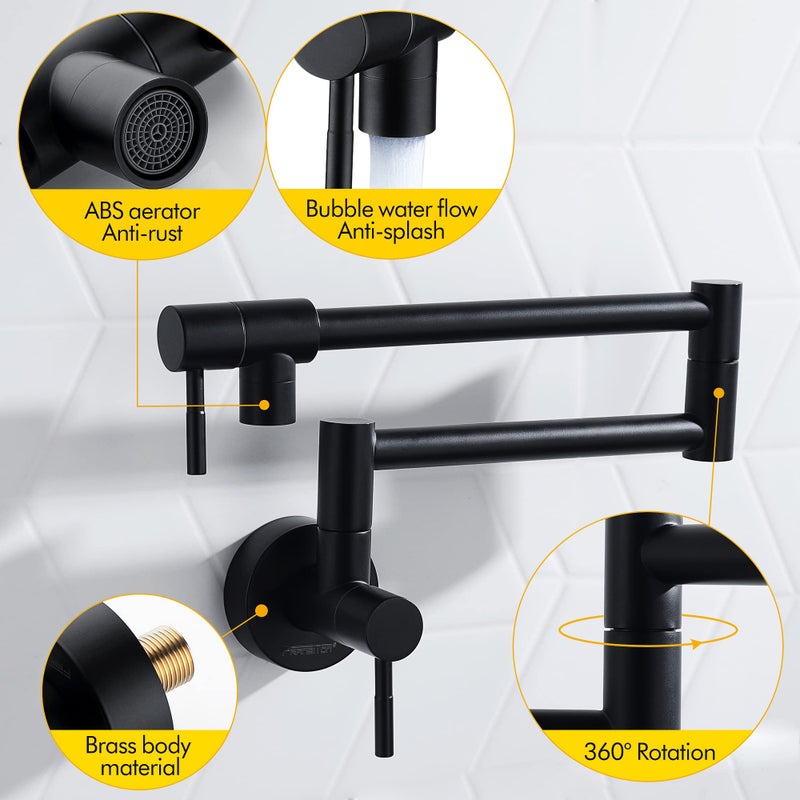 Fransiton Matte Black Pot Filler  Pot Filler Faucet Wall Mount  Brass Folding Stretchable With Double Joint Swing Arm Single Hole Two Handles Kitchen Restaurant - Image 3