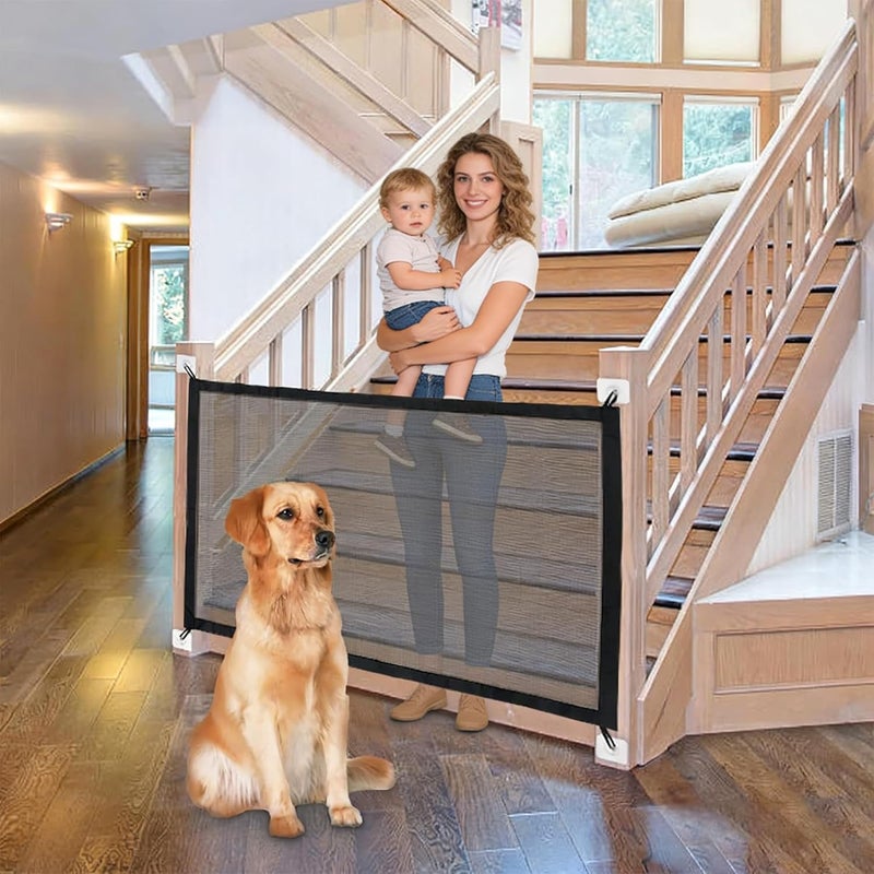 LINJIE Pet Gate,Baby Gate, , Magic Gate Portable Folding mesh gate Safe Guard Isolated ，71" x 28",Indoor and Outdoor Safety Gate Install Anywhere (Black) - Image 1