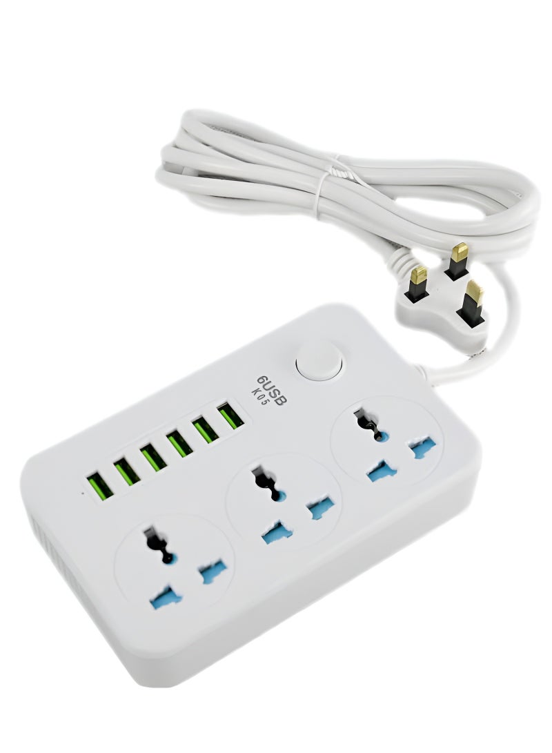 وصلة سلكية مع شاحن USB بـ 6 منافذ مع 3 شرائح طاقة بمقبس تيار متردد - Image 2