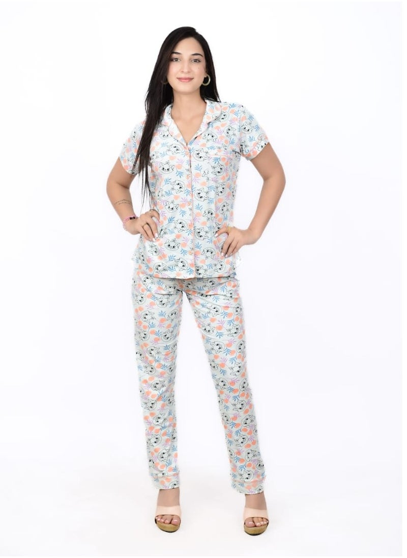 Generic - Women’s Summer Pajama Set – Cute Cat Print, Short Sleeve Top with Buttons & Comfy Pants - Image 1