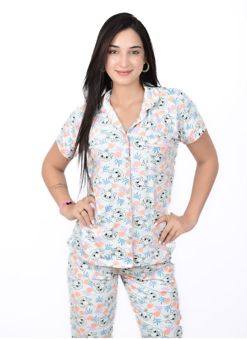 Generic - Women’s Summer Pajama Set – Cute Cat Print, Short Sleeve Top with Buttons & Comfy Pants - Image 1