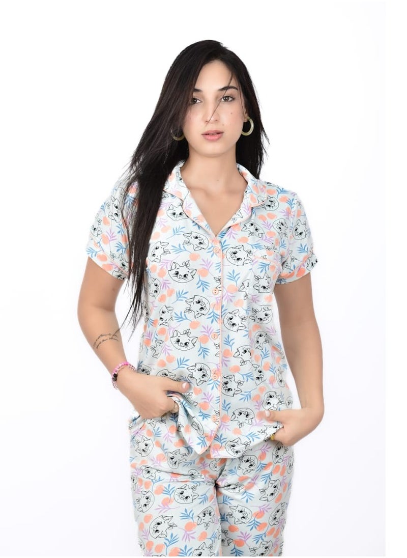 Generic - Women’s Summer Pajama Set – Cute Cat Print, Short Sleeve Top with Buttons & Comfy Pants - Image 1