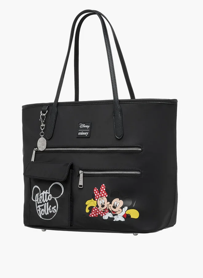 ديزني Mickey and Minnie Mouse Print Tote Bag with Double Handle and Zip Closure