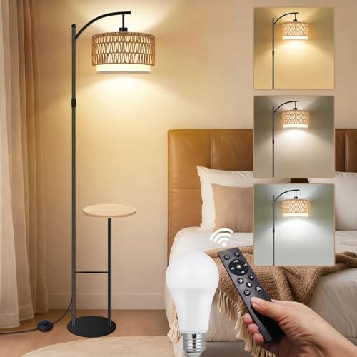 Vinaco Rattan Boho Floor Lamp with Table, Dimmable Floor Lamp with Remote Control Foot Switch, Wicker Tall Lamps 3 Color Temperatures, Adjustable Height Standing Lamps for Living Room Bedroom Office - Image 1