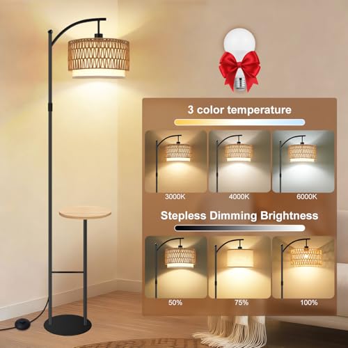 Vinaco Rattan Boho Floor Lamp with Table, Dimmable Floor Lamp with Remote Control Foot Switch, Wicker Tall Lamps 3 Color Temperatures, Adjustable Height Standing Lamps for Living Room Bedroom Office - Image 2