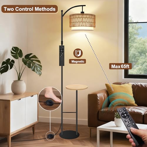 Vinaco Rattan Boho Floor Lamp with Table, Dimmable Floor Lamp with Remote Control Foot Switch, Wicker Tall Lamps 3 Color Temperatures, Adjustable Height Standing Lamps for Living Room Bedroom Office - Image 3