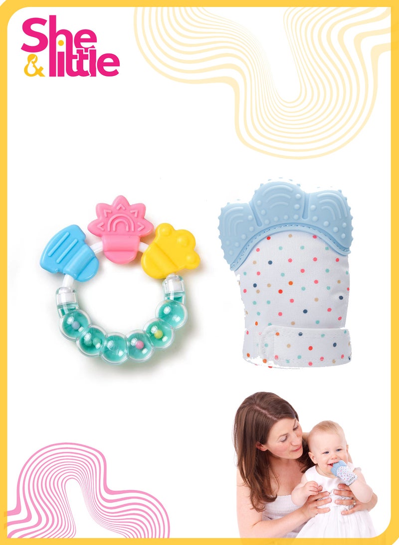 She&Little 2PCS Baby Teething Toy Set, Wearable Silicone Teething Glove and Colorful Handheld Teether Ring, Soothing & Self-Soothing for Infants 0–6 Months, BPA-Free, Sensory Development  - Image 1