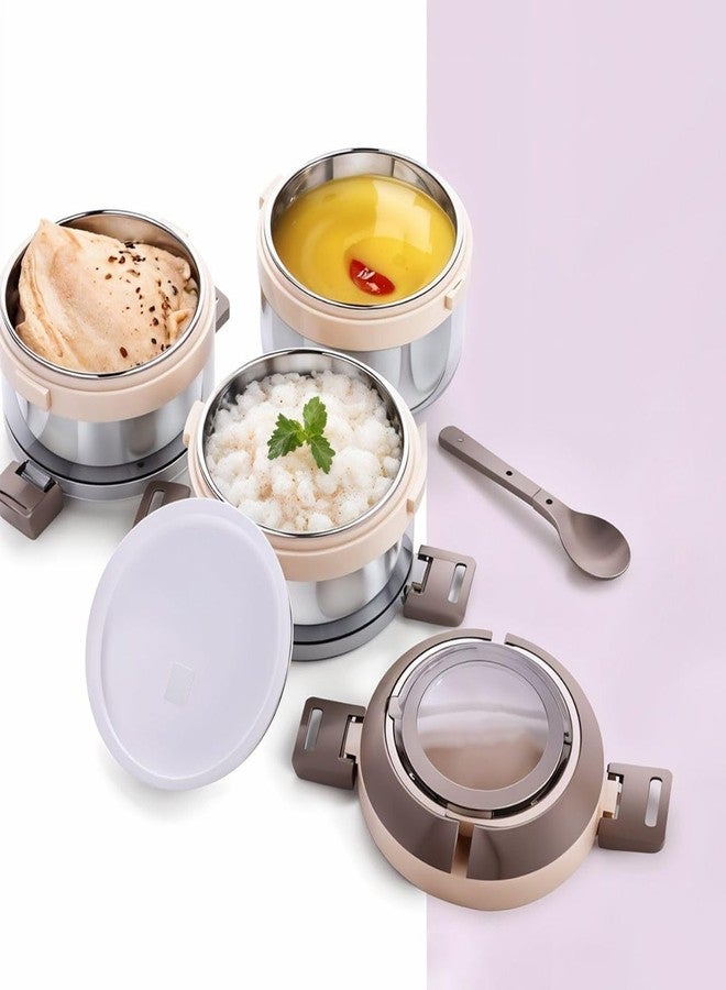 Touchcart 3-Layer Stainless Steel Insulated Lunch Box – 1100ml Leakproof Tiffin with Clip Lock, Spoon & Outer Case – Air-Tight, Portable Food Container for Office, School & Travel (Cream) - Image 3