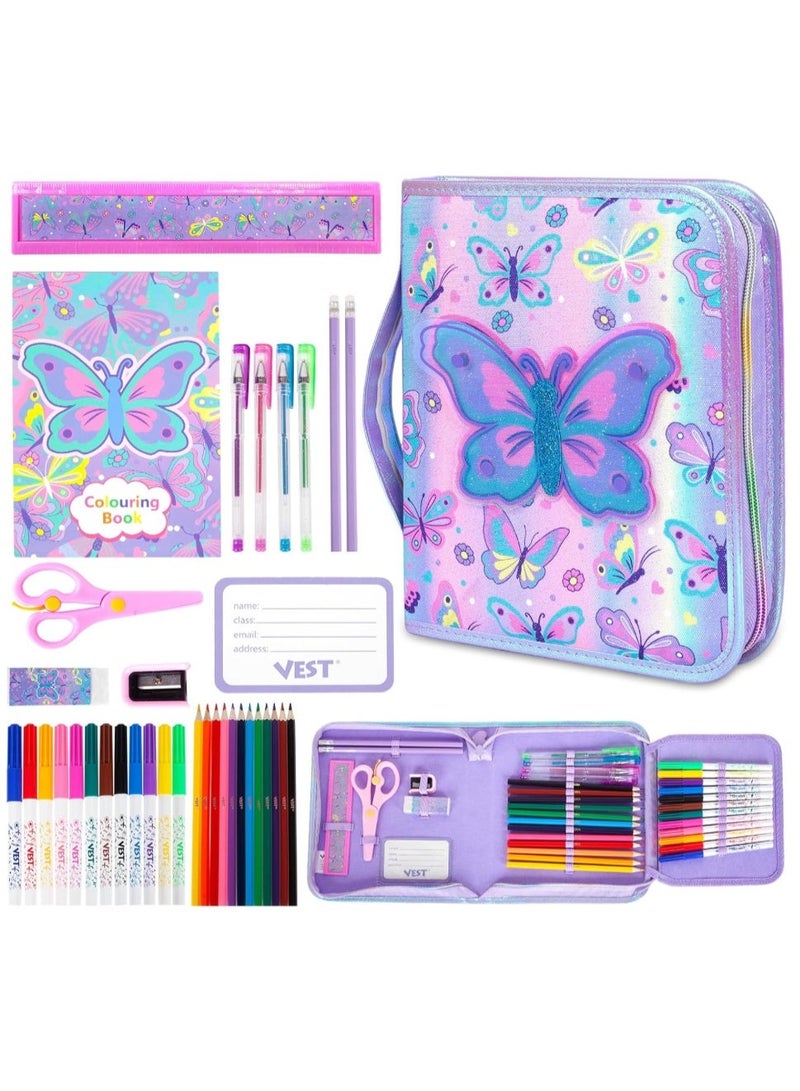 VEST Kids Painting Stationery Set 20×25×3.5cm for Children Graffiti Art Creation Painting Enlightenment Daily Writing Dreamy Butterfly Cartoon Pattern Portable Zipper Full Painting Stationery Gift Box Colored Pencils Creative Markers Pen Multicolour notebook stationery set - Image 1