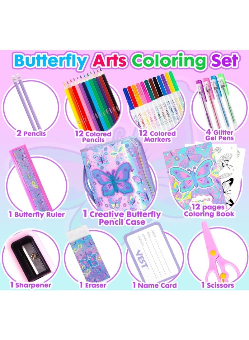 VEST Kids Painting Stationery Set 20×25×3.5cm for Children Graffiti Art Creation Painting Enlightenment Daily Writing Dreamy Butterfly Cartoon Pattern Portable Zipper Full Painting Stationery Gift Box Colored Pencils Creative Markers Pen Multicolour notebook stationery set - Image 2
