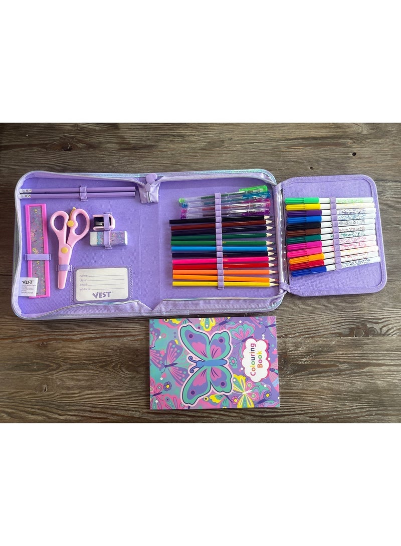 VEST Kids Painting Stationery Set 20×25×3.5cm for Children Graffiti Art Creation Painting Enlightenment Daily Writing Dreamy Butterfly Cartoon Pattern Portable Zipper Full Painting Stationery Gift Box Colored Pencils Creative Markers Pen Multicolour notebook stationery set - Image 4