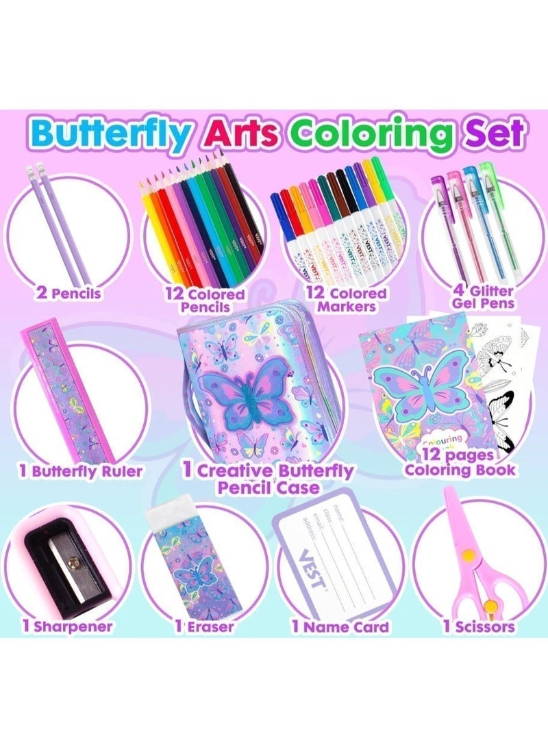 VEST Kids Painting Stationery Set 20×25×3.5cm for Children Graffiti Art Creation Painting Enlightenment Daily Writing Dreamy Butterfly Cartoon Pattern Portable Zipper Full Painting Stationery Gift Box Colored Pencils Creative Markers Pen Multicolour notebook stationery set - Image 3